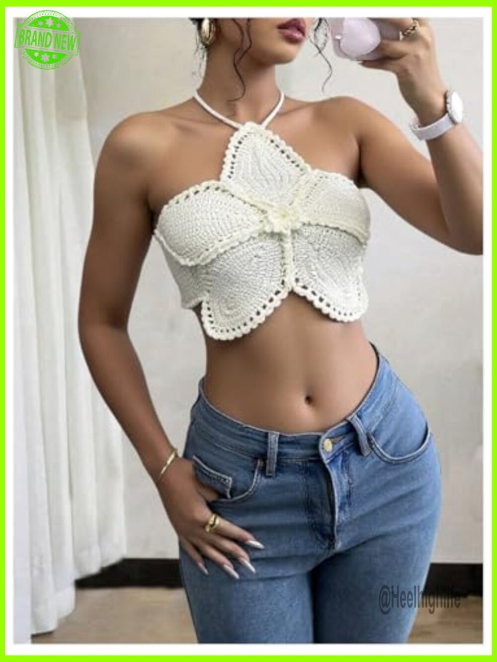 Women's Floral Crochet Beach Halter Top Y2K Tie Back Hollow Out Crop Top - Picture 2 of 5